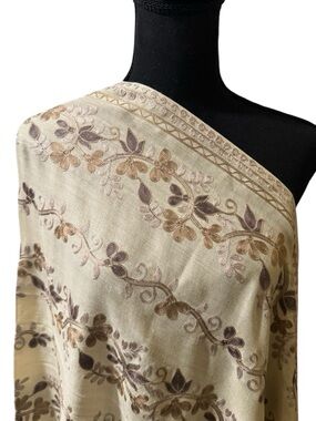 Embroidered Floral Ivory Shawl with Gold & Taupe Accents